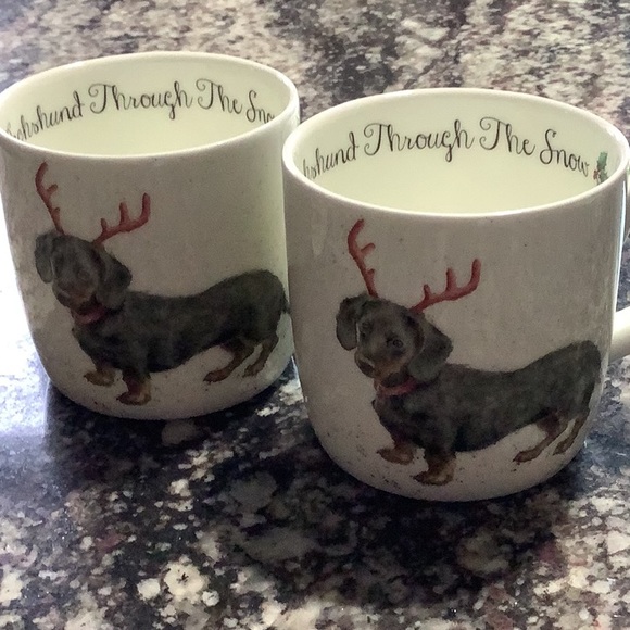 Royal Worcester Dachshund Through The  Snow Mugs-Set of 2 - Picture 2 of 9